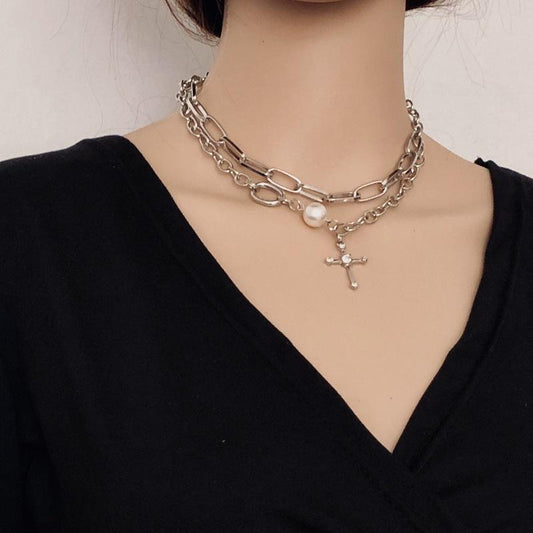 Cross double layered necklace female ins hip hop indifferent neck chain year temperament clavicle chain