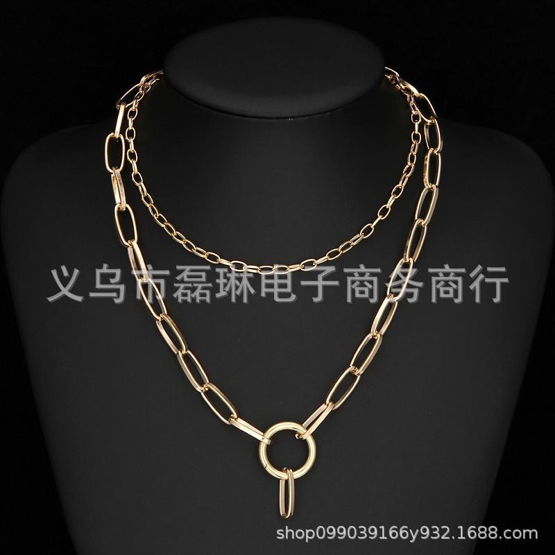 Retro punk exaggerated thick chain ring necklace multi-layer lock necklace sweater chain women