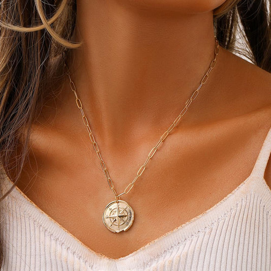 Fashion simple light luxury niche metal hollow retro compass coin pendant necklace female