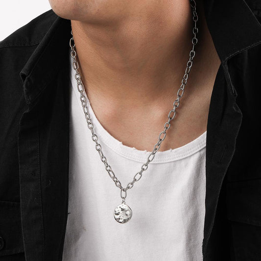 Fashion Men's Trend Personality Domineering Simple Stainless Steel Star Moon Coin Pendant Necklace Necklace