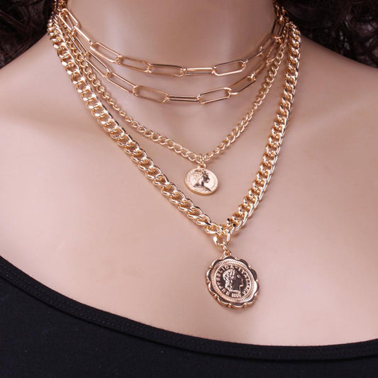 Jewelry Personality Round Card Coin Pendant Necklace Men's Hip Hop Trendy Portrait Multilayer Thick Chain Necklace