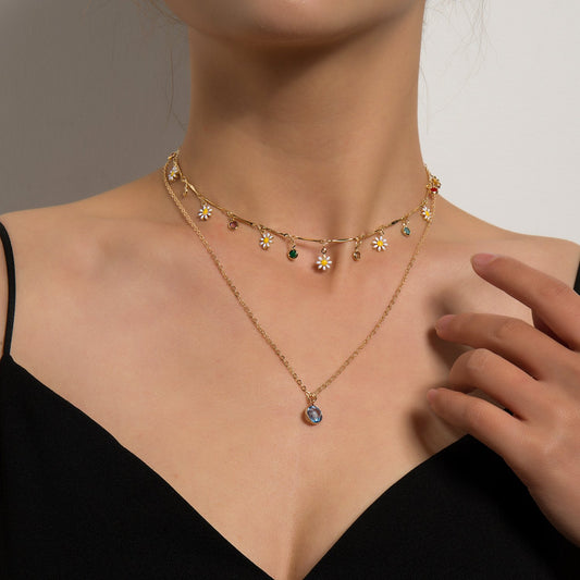 Jewelry fashion simple multi-layer daisy drop glaze necklace personalized multicolored gemstone diamond pendant