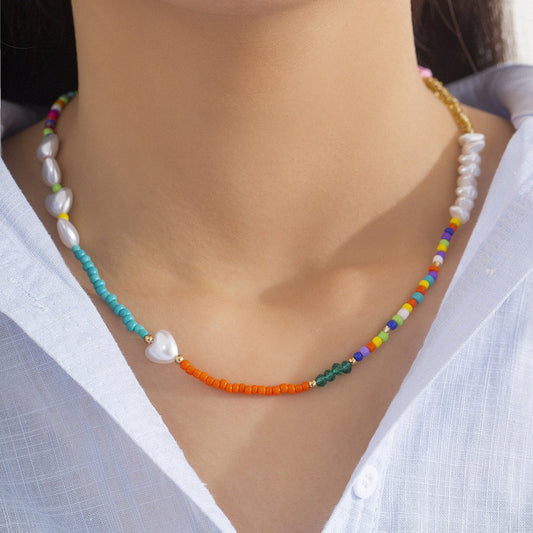 Jewelry beaded heart-shaped geometric necklace simple ethnic color special-shaped imitation pearl necklace female