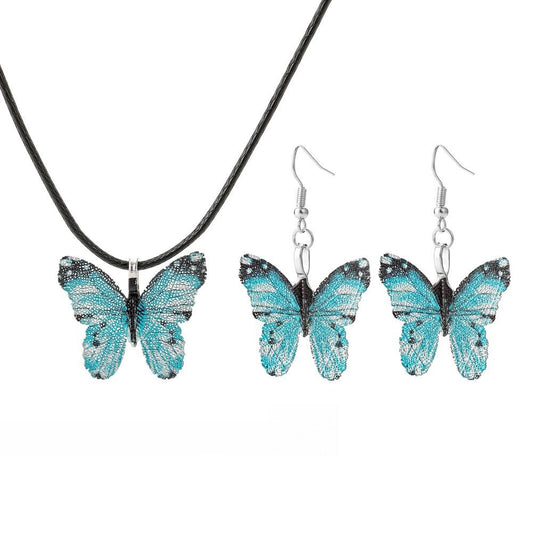 Creative Personality Painted Butterfly Real Leaf Specimen Pendant Earrings Necklace Women's Set