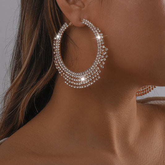 E135 Exaggerated Claw Chain Earrings Rhinestone Tassel Large Circle Earrings Sexy Light Luxury Vintage Earrings