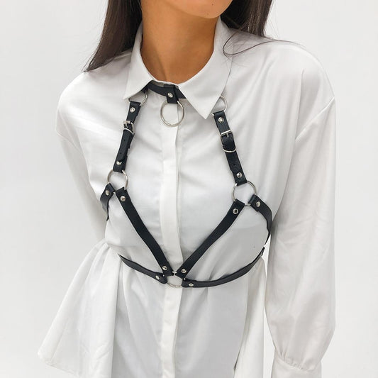 C269 Exaggerated Harajuku Circle Necklace Personality Trendy PU Chest Jewelry Gothic Sexy Body Chain Female