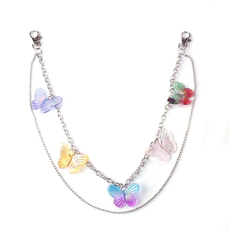 Trendy Street Retro Double Layer Resin Butterfly Pants Chain Hip Hop Beads Hanging Chain Belt Clothing Accessories