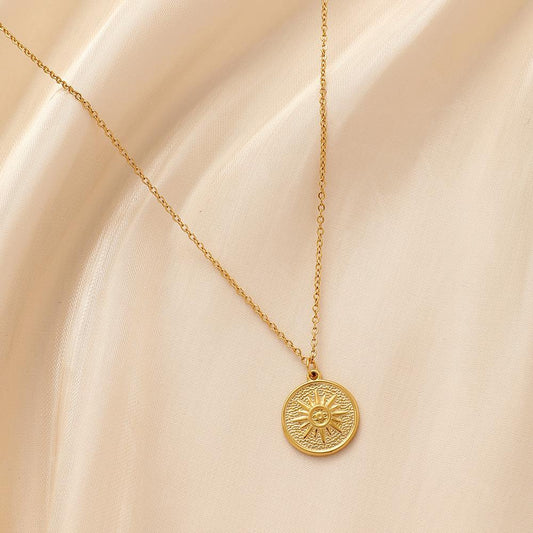 Original Design Personality Simple Stainless Steel Gold Round Coin Embossed Sun Necklace For Women