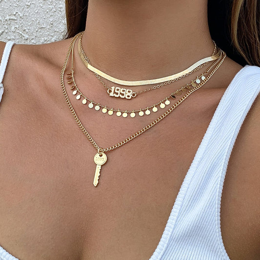Jewelry Retro Simple Metal Key Necklace Women's Fashion Versatile Digital Sequins Clavicle Necklace
