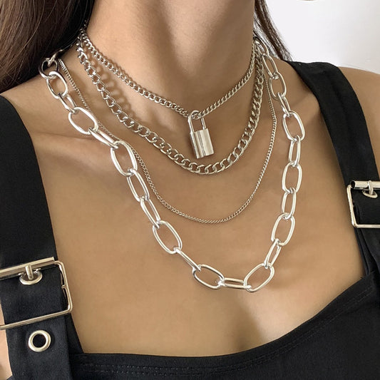 Jewelry Punk Retro Heavy Industry Metal Lock Necklace Female Hip Hop Geometric Cross Chain Necklace