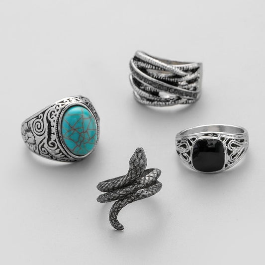 Trendy street photography luxury punk men's alloy creative personality exaggerated turquoise snake ring set