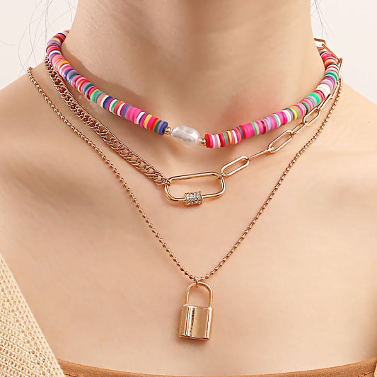 Accessories Bohemian color soft pottery padlock pendant necklace female ins trend geometric ball chain