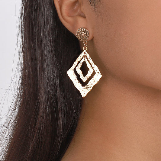 E1763 Jewelry double-layer rhombus metal geometric earrings personality hollow retro earrings