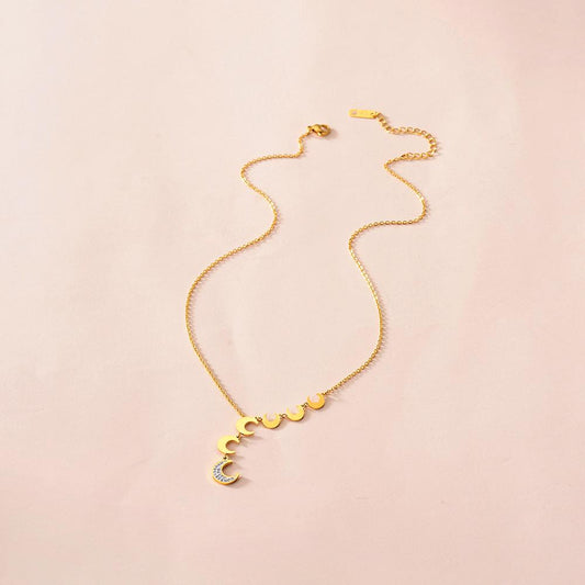Minority diamond-encrusted moon tassel pendant all-match fashion titanium steel gold-plated crescent moon necklace for women