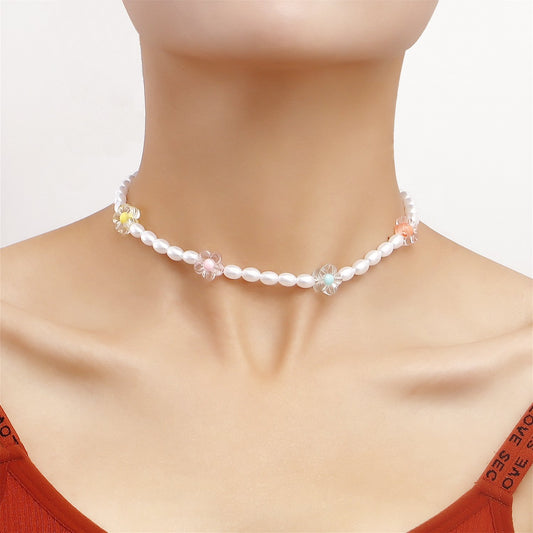 Jewelry French flower necklace female ins fashion all-match imitation pearl necklace