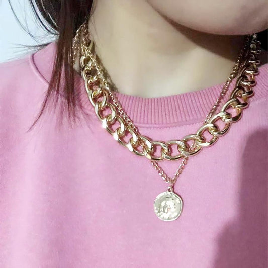 Thick chain necklace female ins trendy personality net red double clavicle chain retro round pendant short necklace