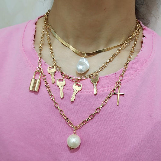Jewelry retro shaped baroque cross multi-layer lock with key mix and match chain necklace