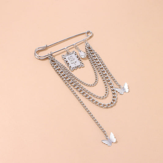 Jewelry trendy multi-element rose butterfly brooch female fashionable rhinestone chain pin pendant