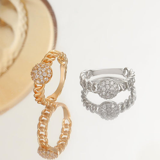 Ins full diamond round ring female fashion light luxury niche design braided twist index finger ring temperament ring