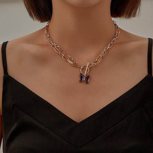 Copper micro-inlaid dream transparent color crystal butterfly pendant fashion double chain OT buckle necklace for women
