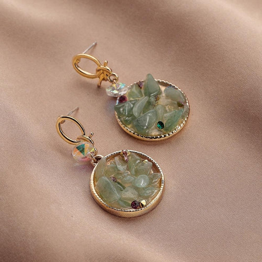French Temperament Oval Green Aventurine Crushed Stone Zircon Earrings Fashion Personality Ability Original Stone Diamond Earrings