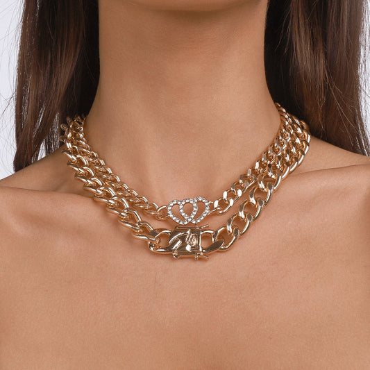N1424 Exaggerated Thick Chain Personality Necklace Love Retro Punk Hip Hop Fashionable Double Layer Necklace