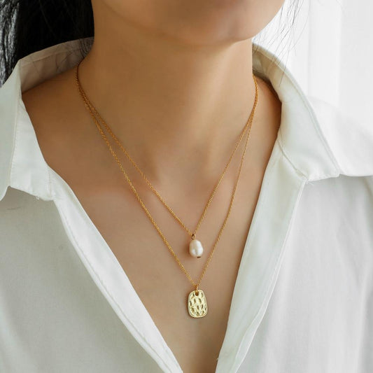 Vacuum gold-plated jewelry UV metal tag temperament freshwater pearl double-layer stainless steel necklace