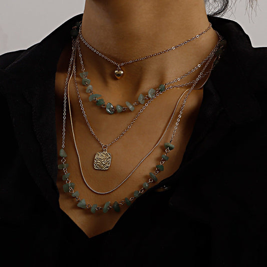 Jewelry retro stacked multi-layer small hole chain turquoise square piece mini love pendant necklace female