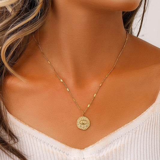 Niche Fashion Simple Personality Retro Stainless Steel Coin Eyelashes Eyes Short Necklace Necklace Female