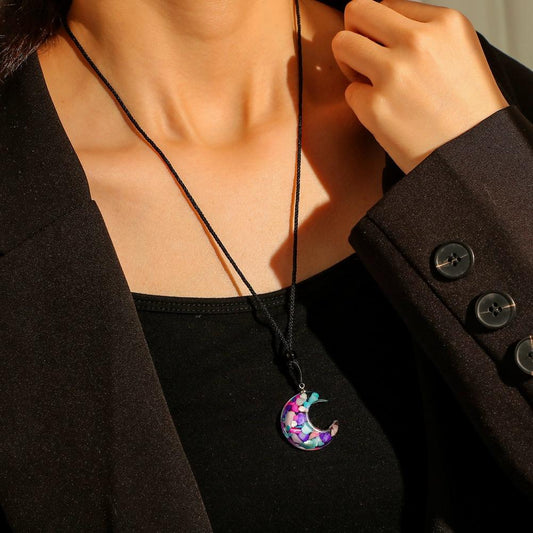 Original transparent resin original stone moon pendant original handmade turquoise color shell multicolored stone crescent moon necklace
