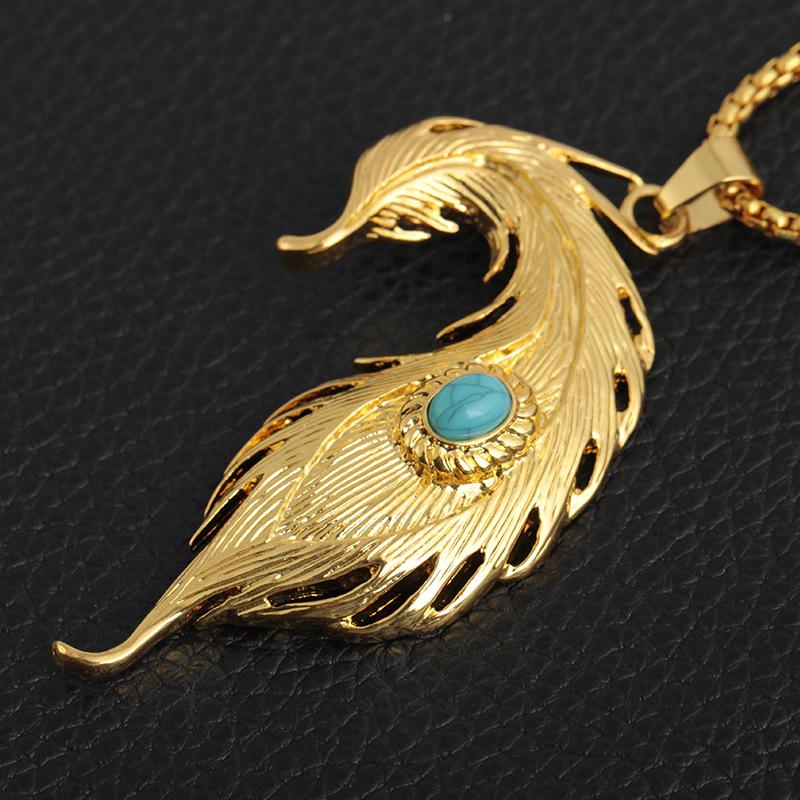 Feather Turquoise Pendant Hiphop Necklace Men