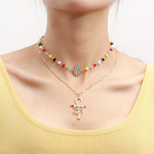 Jewelry trend double-layer color crystal stone cross necklace female niche high-end necklace light luxury