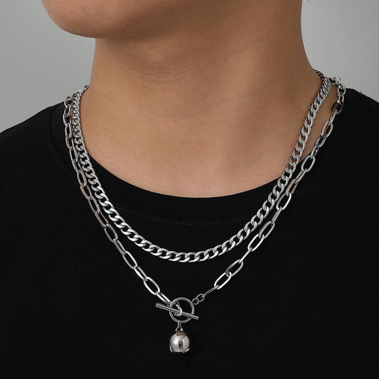 Double-layer stainless steel Cuban chain NK chain OT buckle ball necklace men's titanium steel necklace does not fade male