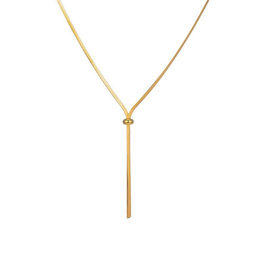 Adjustable pull rope blade chain titanium steel necklace simple round bead clavicle chain minimalist stainless steel long bead