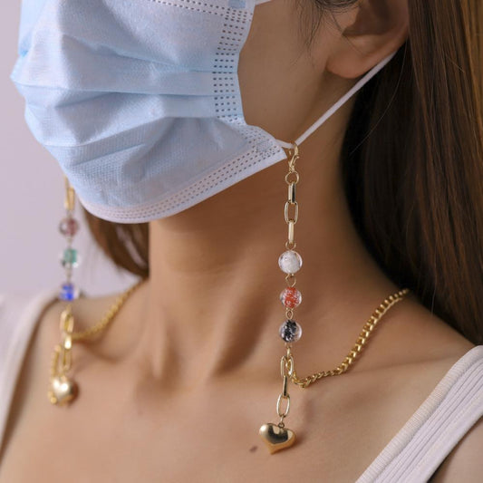 Fashion colored glaze glass beads heart-shaped mask necklace personalized colorful round beads peach heart glasses chain