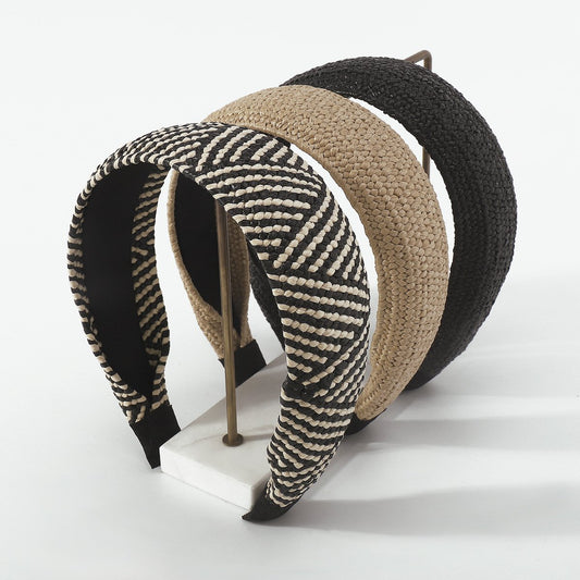 F4755 Bohemian raffia woven headband wide-brimmed retro handmade fashion personalized flat headband female