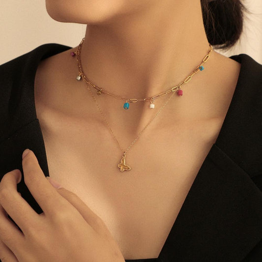 ins stainless steel colorful bead necklace double collarbone chain simple fashion butterfly pendant jewelry