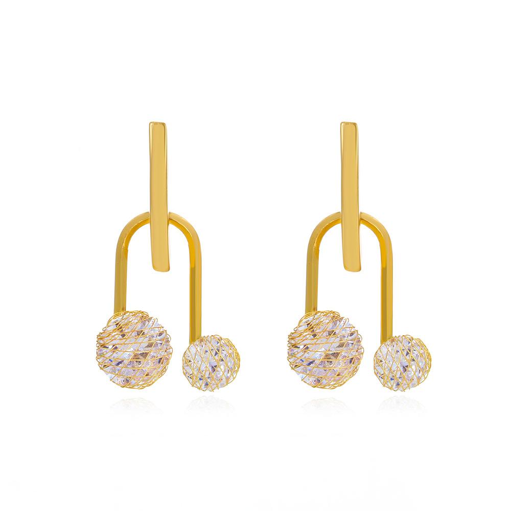 Ins copper inlaid zircon U-shaped geometric earrings French light luxury personality temperament hollow ball earrings earrings