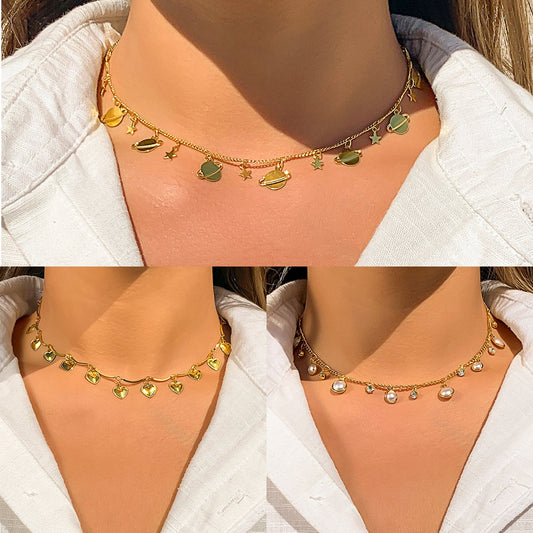Jewelry Baroque Niche Pearl Love Pendant Necklace Retro Creative Planet Chain Necklace