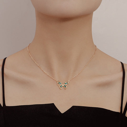Jewelry Personality Emerald Butterfly Pendant Necklace Clavicle Chain Female Trendy Cool Fashion Cold Necklace