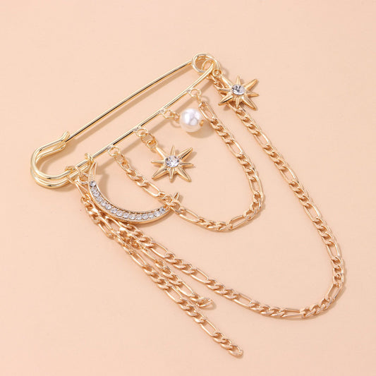 Jewelry light luxury full diamond crescent moon star brooch women's metal chain pearl brooch accessories