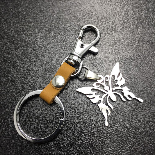 Men and Women Jewelry Titanium Steel Pendant Stainless Steel Hollow Butterfly Pendant Leather Keychain