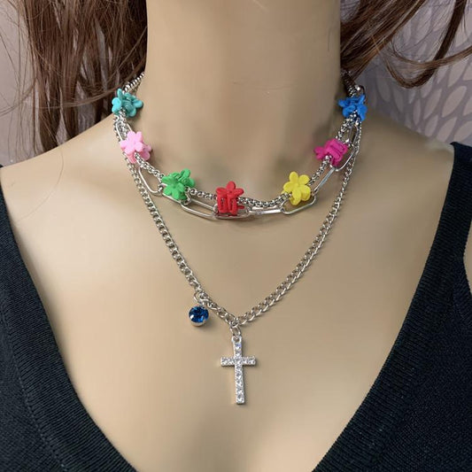 Love Heart Pendant Colorful Flower Multi-Hairpin Clavicle Chain Blue Diamond Multi-Layered Personality Internet Celebrity Necklace