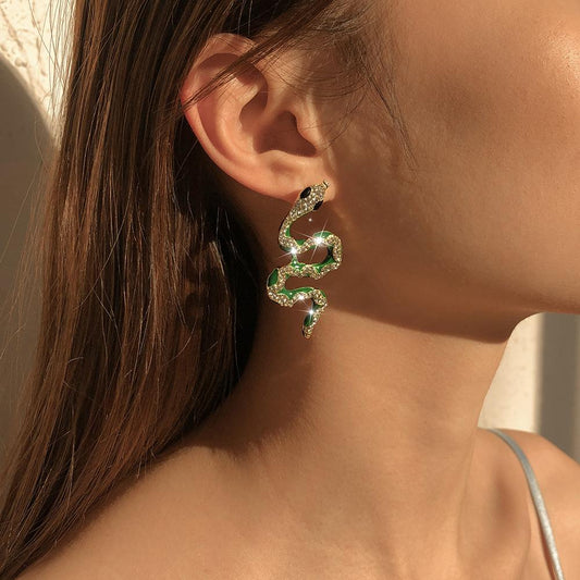 E9886 Jewelry Exaggerated Personality Drip Oil Contrast Color Alloy Earrings Snake Diamond Temperament Fashion Earrings