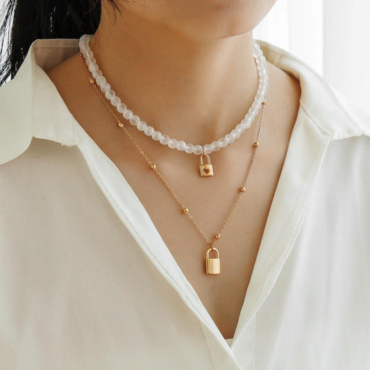 Jewelry Temperament Minor Frosted Crystal Beads Clavicle Necklace Creative Double Layered Love Lock Necklace