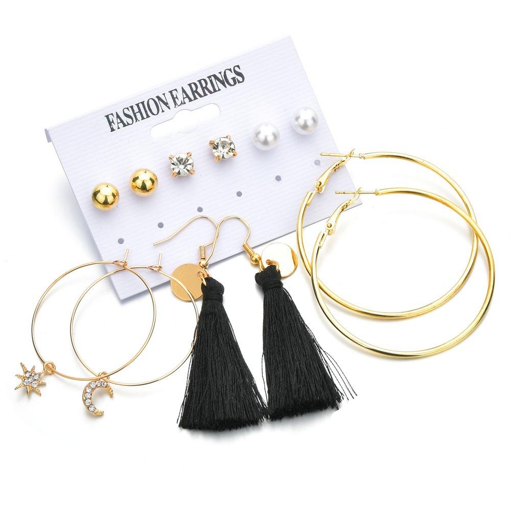 Pop Rhinestone Star Moon Asymmetrical Earring Set Vintage Tassel Earrings