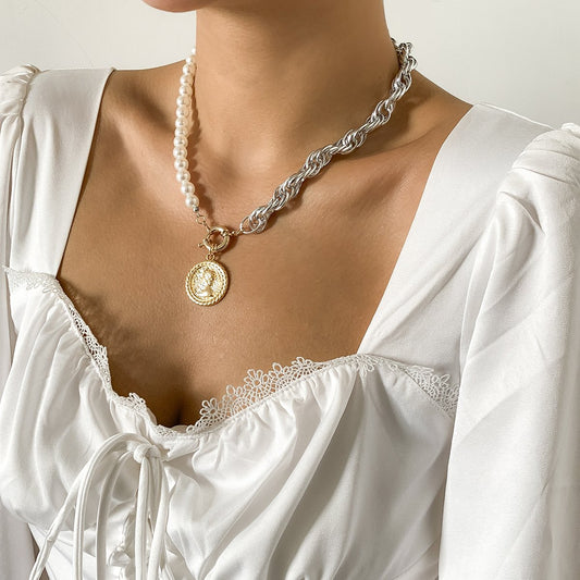 Jewelry creative asymmetric stitching chain necklace female sweet cool imitation pearl portrait pendant necklace