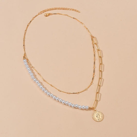 Fashion Alloy Queen Head Pendant Necklace Multilayer Imitation Pearl Necklace Accessories