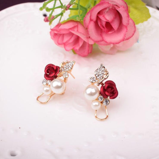Fashion Rose Pearl Diamond Butterfly Stud Earrings Popular Camellia Flower Ear Clip Earrings Jewelry Batch