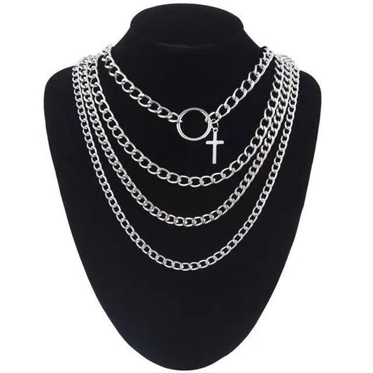 Jewelry punk metal chain multi-layer necklace hip-hop ins cross geometric ring necklace